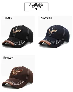 Detailed embroidery of an eagle and stars on cotton baseball caps in three colors