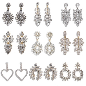 Collage of nine pairs of rhinestone earrings with silver and gold finishes in 3x3 layout
