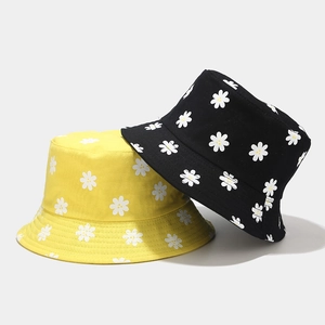 Daisy Floral Print Bucket Hat Cotton Canvas Wide Brim Sun Protection Summer Beach Outdoor Travel Reversible Fresh Women