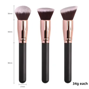 Detailed view of makeup brush dimensions featuring soft bristles and rose gold ferrule