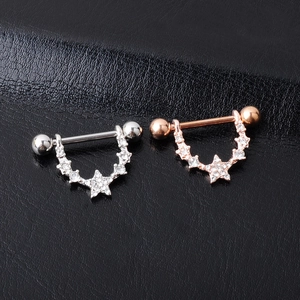 Pentagram nipple rings set in silver and rose gold finishes with shiny crystal stars
