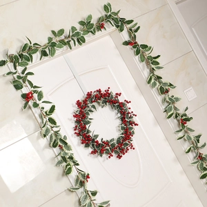 Ensemble couronne de Noël et guirlande de baies sur porte blanche pour décor de fête