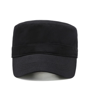Classic black cotton cadet cap with flat top and star embroidery for outdoor leisure