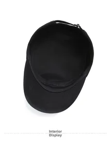Interior view of black flat top military cap showing adjustable strap and fabric lining