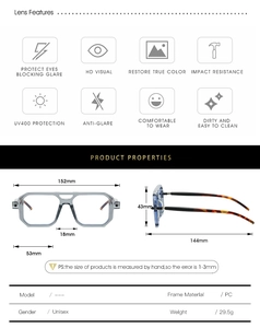 Detailed size chart of square frame glasses showing 152mm width and PC material specs