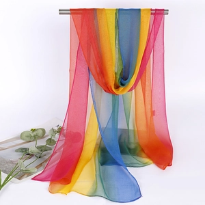 Close-up of lightweight rainbow gradient chiffon scarf showing its sheer texture