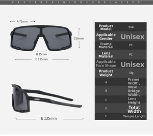 Detailed size chart for windproof sports sunglasses with 71mm lens and PC frame