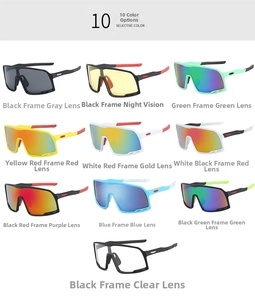 Grid view of various polarized sports sunglasses with colorful lenses for running and cycling