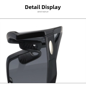 Detail of black sports sunglasses frame with silver oval metal hinge and anti-slip temple