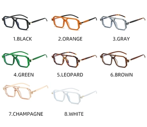 Detailed grid view showing eight colorful square frame glasses with double bridge design