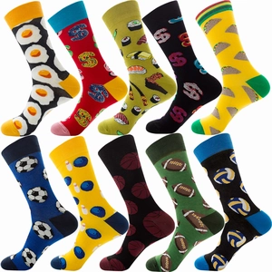 Set of 10 cotton crew socks with colorful food and sports patterns on white background