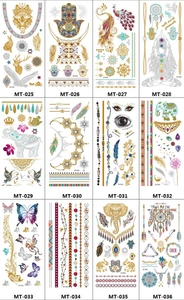 Detail showing twelve diverse metallic gold and silver temporary tattoo patterns for party wear