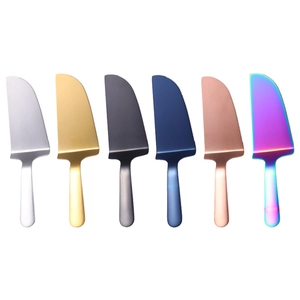 Set of six colorful stainless steel cake servers with serrated edges in various finishes