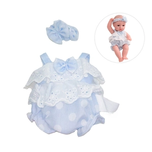 Detailed blue polka dot doll romper with lace trim and matching headband for 30cm dolls