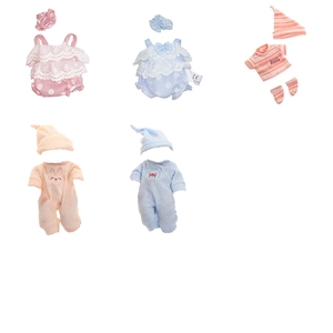 Detailed set of five different baby doll clothes including striped sets and dotted rompers