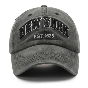 Distressed dark grey washed cotton baseball cap with New York 3D letter embroidery