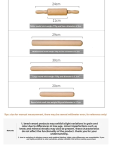 Size chart for beech wood rolling pins in four variants including roller and straight styles