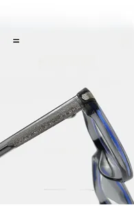Detail of gray translucent TR90 glasses frame showing metal hinge and texture material