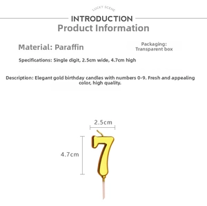 Detailed dimensions of gold number 7 birthday candle in clear PVC box packaging