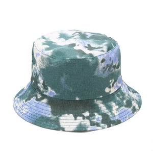 Detailed close-up of durable tie-dye cotton fabric and stitching on this bucket hat
