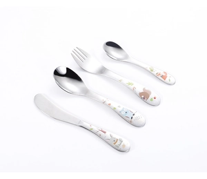 Detail of 4-piece stainless steel kids cutlery set with cartoon animal ceramic handles