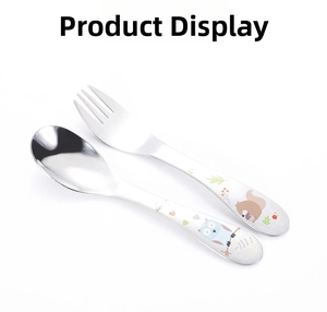 Detail of 304 stainless steel kids cutlery set featuring cartoon forest animal motifs