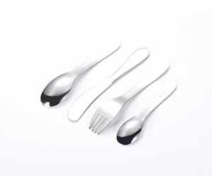 Detailed view of 4-piece stainless steel kids' cutlery set with cartoon animal motifs