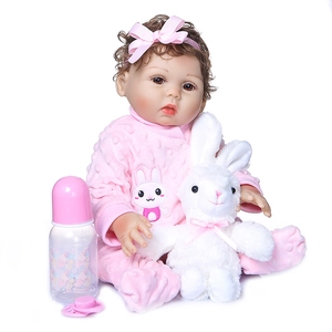 Poupée bébé réaliste de 47 cm en silicone souple avec tenue lapin rose et accessoires