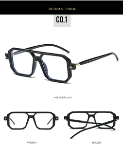Three-angle view of black square double-bridge frames with metallic accents