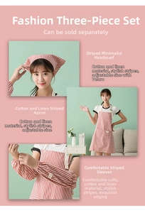 Detail view of cotton linen apron set including adjustable headscarf and sleeve covers
