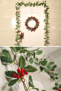 Détail d'une couronne de Noël avec baies rouges et feuilles vertes à bord blanc sur porte