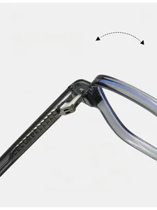 Detail of durable metal hinge on TR90 square glasses frame with translucent grey finish
