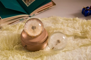 Close-up of dandelion crystal ball on a wooden base with soft fabric and gift box scenery