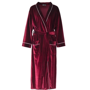 Luxurious burgundy velvet long-sleeved bathrobe with white piping and waist tie belt