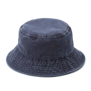 Unisex washed denim bucket hat in charcoal grey with stitched brim and metal eyelets