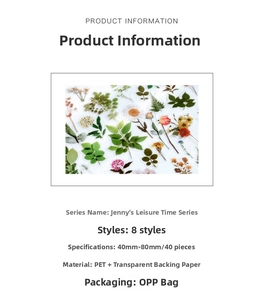 Detail specifications of floral PET stickers with sizes 40-80mm and 40 pieces per pack