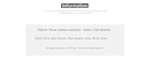 Detailed size guide for cotton bucket hat with dimensions 56cm depth and 6cm brim info