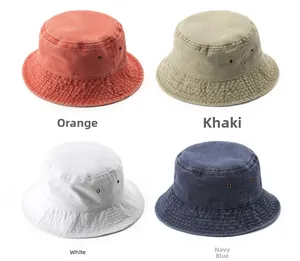 Detailed grid of washed cotton bucket hats in orange, khaki, white, and navy with air eyelets