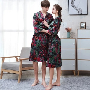 Floral print ice silk couple bathrobes with V-neck design and matching waist ties