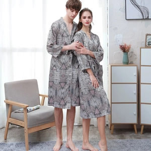 Couples ice silk bathrobes with geometric print and waist tie for home wear