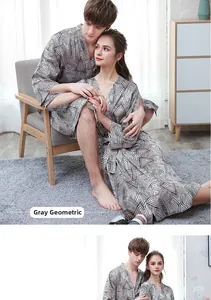 Detail view of grey geometric print ice silk robes with kimono collar and waist tie