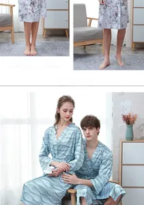 Close-up of lightweight ice silk floral and wave pattern robes with belted waist design