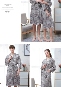 Detailed view of the sleek kimono collar and gray geometric pattern on ice silk bathrobe