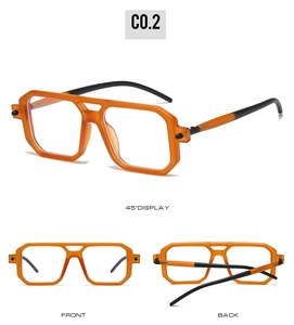 Detailed views of orange double-bridge square frames with black gradient temples