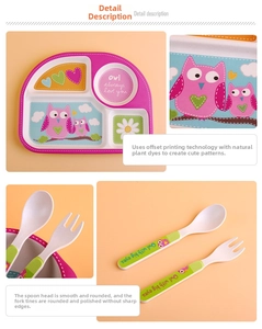 Detail of bamboo fiber owl kids plate set with smooth polished edges and safe natural dye
