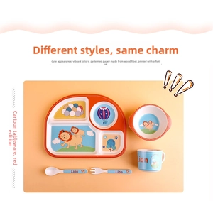 Detail of red lion bamboo fiber kids dinnerware set with five pieces shown in top view