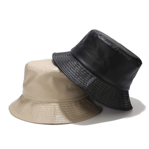 Minimalist PU leather bucket hat for women in black and beige solid colors