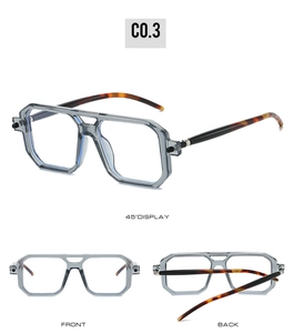 Three-angle view of double-bridge square frames in transparent grey and tortoiseshell