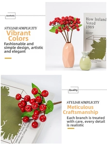 Detail of vivid red berries with green leaves in a stylish pink geometric vase