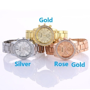 Geneva women's quartz watches with diamond bezels in gold, silver, and rose gold tones